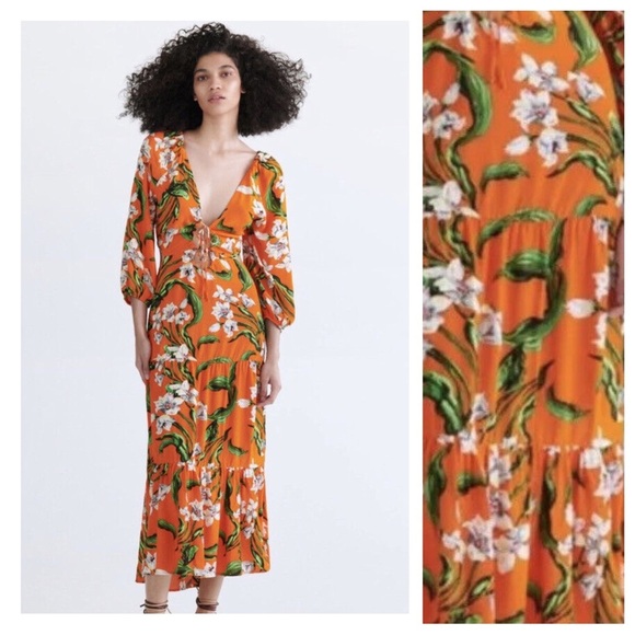 NWT. Zara Orange 100% Viscose Cut-Out Printed V-neck Midi Dress. Size S. - Picture 1 of 10
